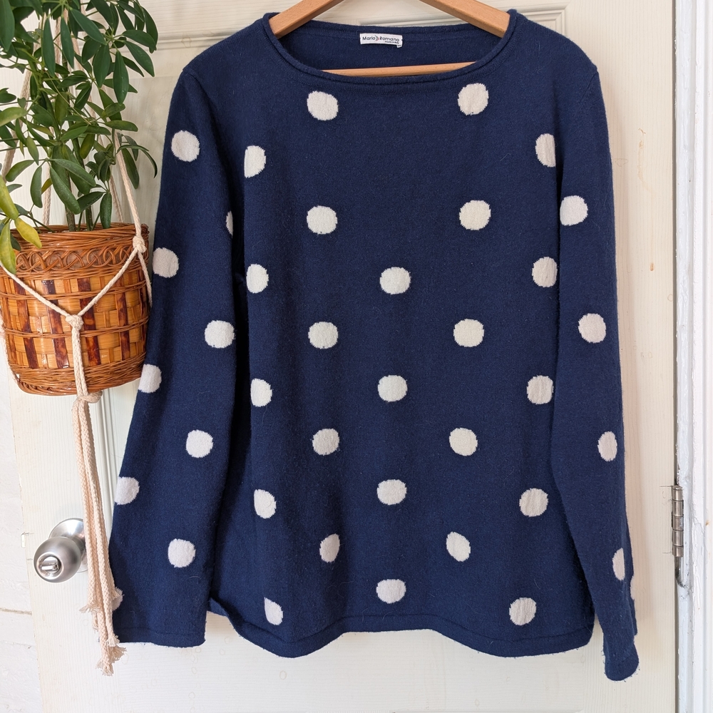 Italian Cashmere Navy Crewneck Sweater Polka Dots